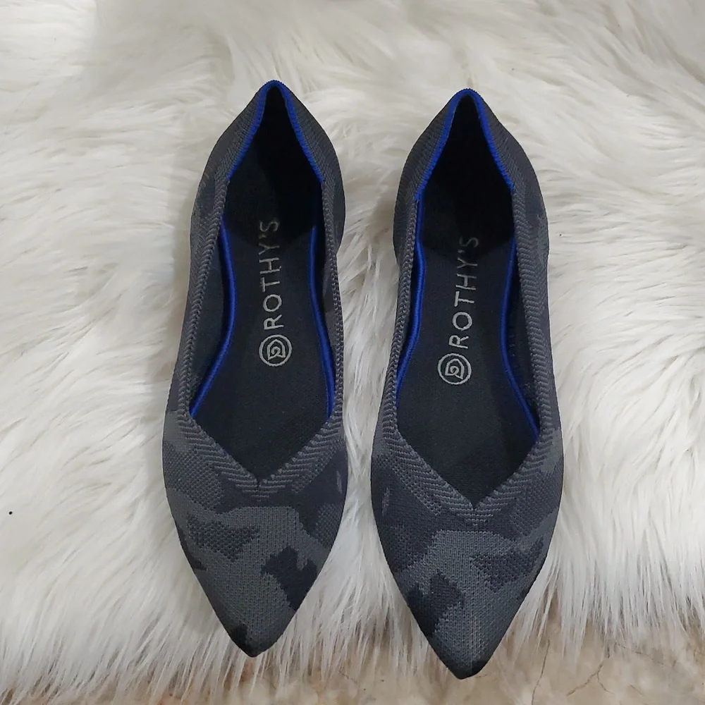 Rothy's The Point  Gray Camo  Flats with Sleek Pointed Toe and Blue Trim - Picture 3 of 16